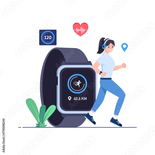 Smart watch monitors heart rate of young woman during exercise. Vector illustration