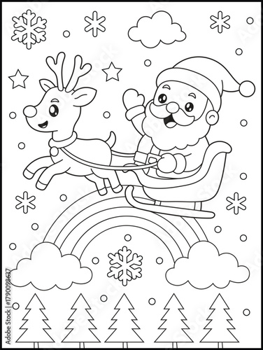 Cartoon Santa Claus coloring page flying a sleigh pulled by a reindeer over a rainbow. Children's Christmas illustration. Holiday Coloring book pages for kids and adults.