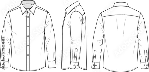 Men’s Classic Long-Sleeve Button-Up Shirt Technical Flat Sketch – Front, Side, Back Views with Collar, Cuffs, Yoke, Seams