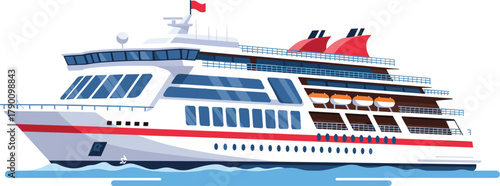 Modern Cruise Ship Illustration – Multi-Deck Luxury Vessel with Funnels, Lifeboats, Windows, Red Flag, Calm Waters, Maritime Travel and Tourism