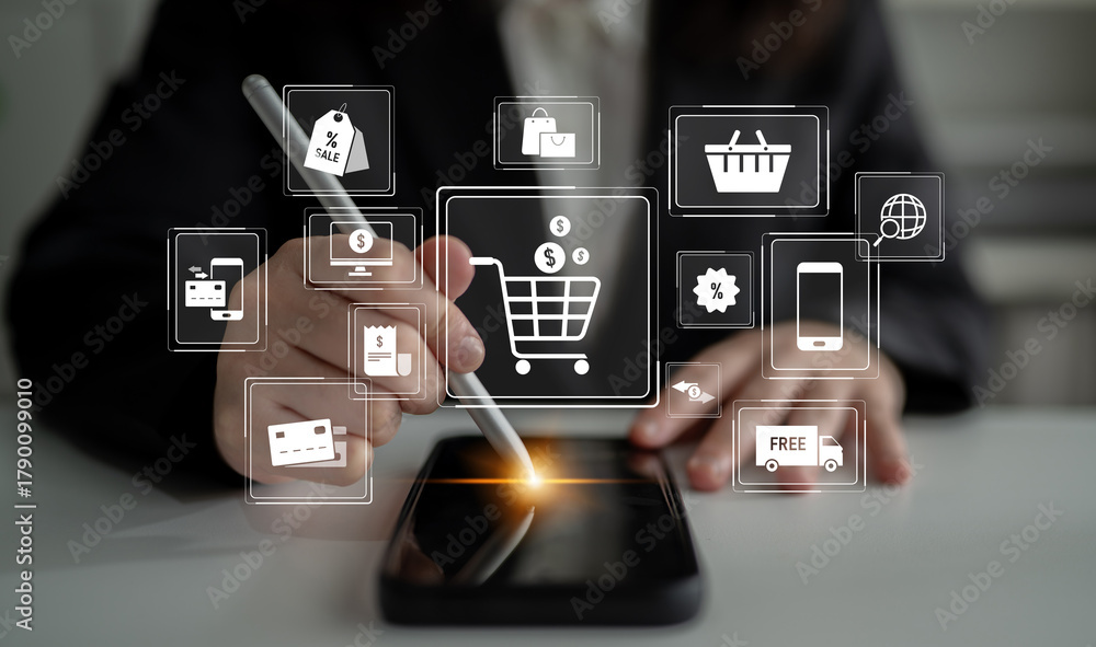 Naklejka premium Omni-channel strategies improve customer experience with brand integration and unified marketing across digital platforms and channels. Latch