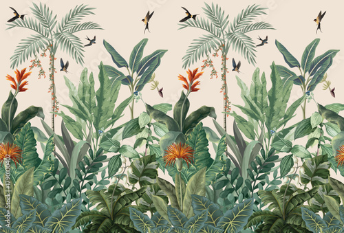 Mughal Garden Wall Mural, Green Palm Tree Wallpaper Abstract Plant Peel and Stick Wall Mural Vintage Style Wall Art.