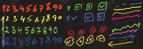 A vibrant collection of hand-drawn numbers, checkmarks, and lines, offering a playful and educational resource. A graphic resource with versatility and artistic flair