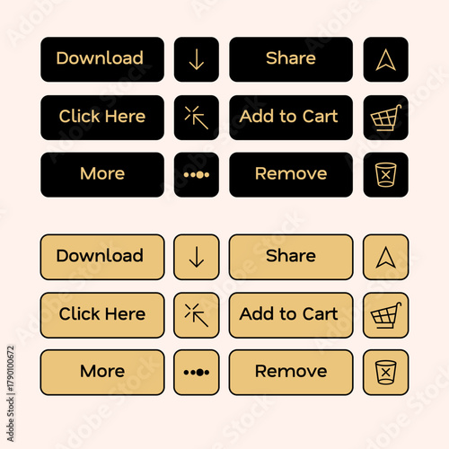 Set of web buttons with text and icons for download, share, add to cart, and more