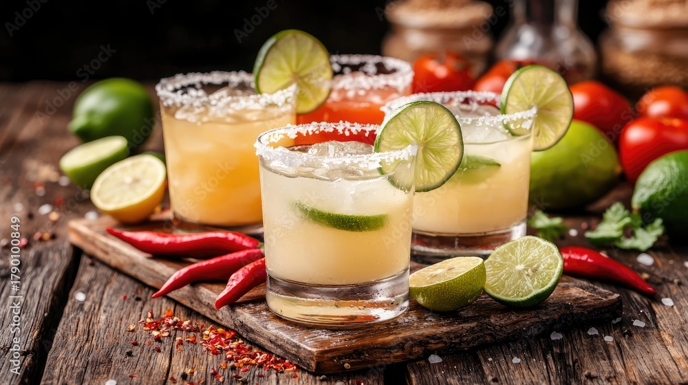 Fototapeta premium Colorful margaritas with fresh ingredients on a rustic wooden table set for a lively celebration