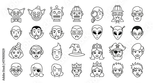Collection of outline icons of various characters suitable for halloween event or themes