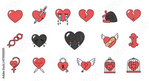 Assortment of quirky heart emotions depicted with cartoonish style, symbolizing diverse feelings