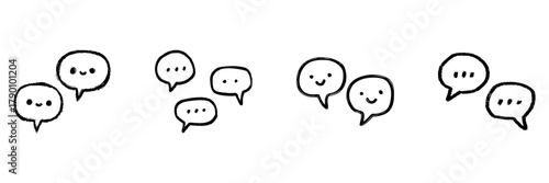Speech Bubbles With Faces Line Icon Set In Doodle Style. Communication, Social Interaction, And Chatting Outline Sketch Collection. Hand Drawn Isolated Vector Illustration