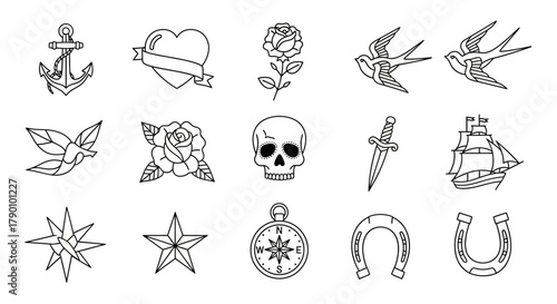 Collection of traditional tattoo flash art featuring nautical and classic symbols, ideal for
