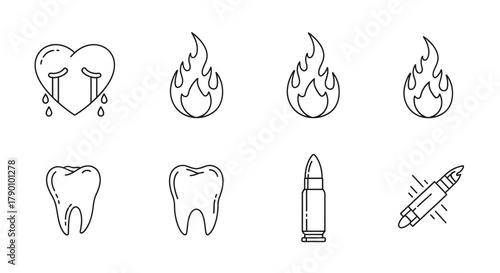 Minimalist line art composition depicting diverse symbolic representations arranged on a white
