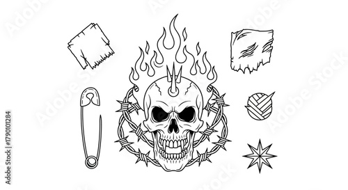Edgy Monochrome Tattoo Design Composition Featuring Skull, Fire, and Barbed Wire Elements