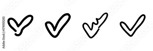 Hand-Drawn Check Mark Line Icon Set In Doodle Style. Approval, Completion, And Verification Symbols Outline Sketch. Task Management And Success Indicators. Hand Drawn Isolated Vector Illustration