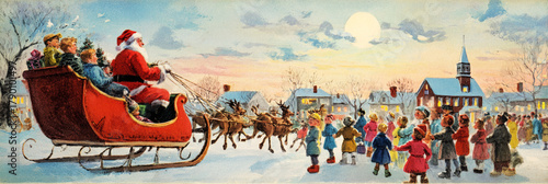 Cheerful children watch as Santa Claus rides his festive sleigh through a snowy village adorned with charming decorations and a traditional clock tower at sunset, banner