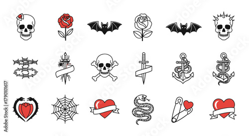 Assorted vintage tattoo sketch elements featuring skulls, roses, and other iconic symbols