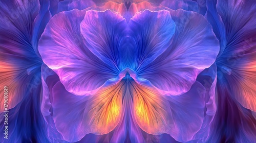 Abstract flower petals display vivid color gradients, featuring blue, purple, and orange hues in a symmetrical design!