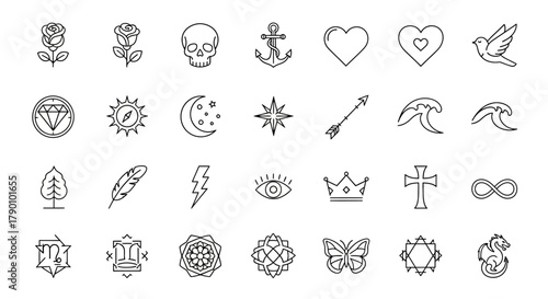 Collection of Outline Tattoo Icons Rose Skull Anchor Heart Bird Mystic Element