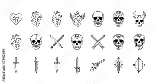 Collection of monochrome vector drawings featuring anatomical hearts, skulls, and weapons in