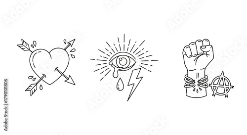 Minimalist tattoo design with evocative heart, eye and fist line art illustrations