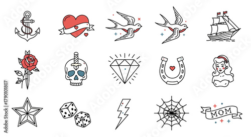 Set of traditional tattoo flash design elements with anchor, heart, bird, rose and more in an