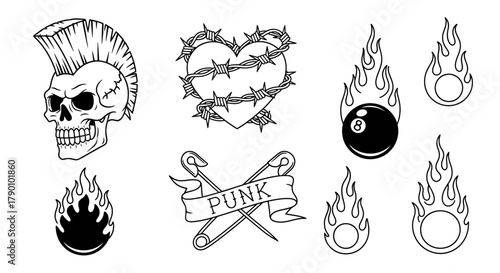 Bold punk tattoo flash sheet featuring skull, heart, flames and the word punk in black and white