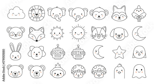 Collection of adorable animal, celestial and fantasy doodle icons for children design projects