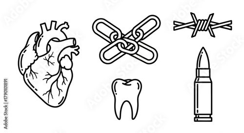 Bold monochrome linear illustrations featuring a heart, chain, tooth, wire and projectile
