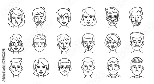 Diverse faces line art featuring men and women with varying hairstyles and facial features