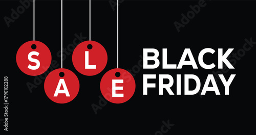 Black Friday Sale banner. High-contrast graphic featuring white "BLACK FRIDAY" text alongside the word "SALE" spelled out in individual white letters on four hanging red price tags. Dark black backgro