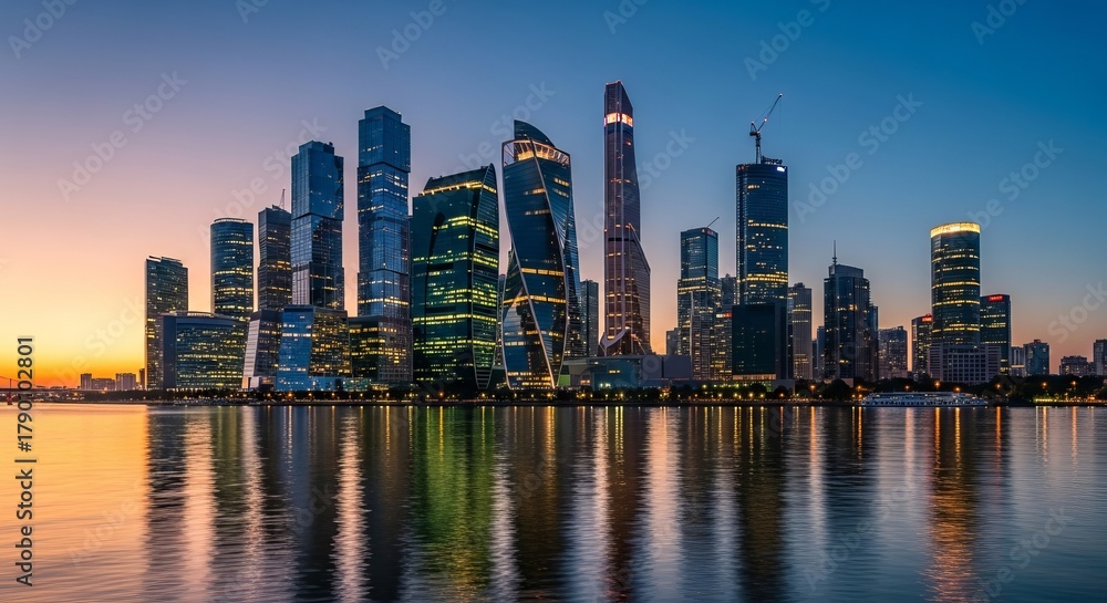 Obraz premium Stunning cityscape reflection at twilight with modern architecture and vibrant lights creating a dynamic urban skyline against a colorful sky