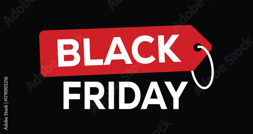 Black Friday Sale banner. High-contrast graphic featuring white "BLACK FRIDAY" text alongside the word "SALE" spelled out in individual white letters on four hanging red price tags. Dark black backgro