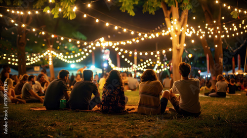 A group of young people sitting on the grass at a music festival in a park, enjoying live music under twinkling string lights.