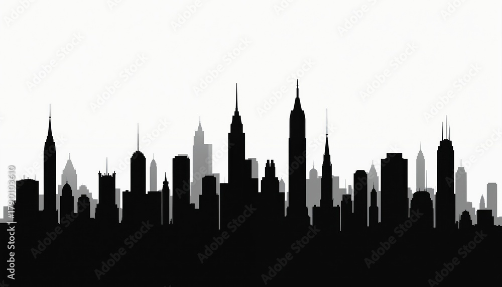 Obraz premium City skyline silhouette illustration. Minimalist black city buildings on white background. Urban design background for print or web. Suitable for business or travel themes.