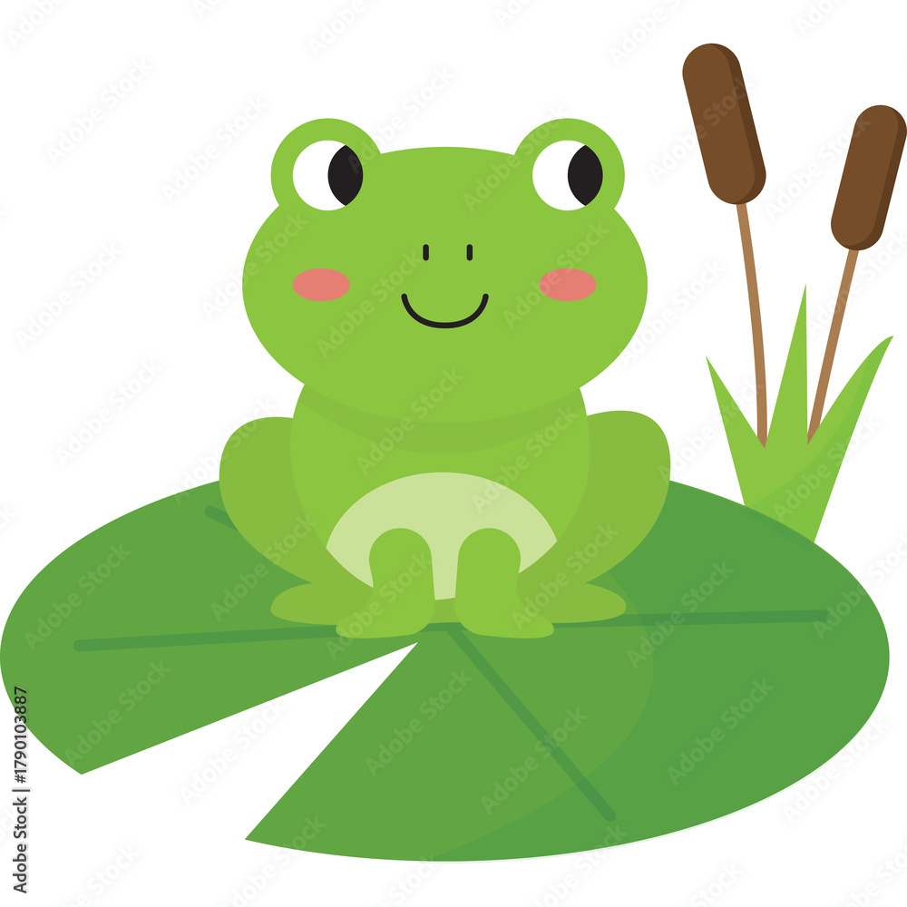 Obraz premium Cute Green Frog Sitting on a Lily Pad with Cattails on a Transparent Background