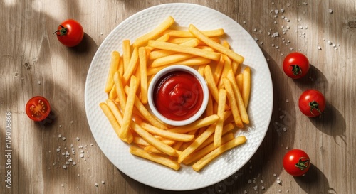 Illustration of overhead view of french fries with ketchup and cherry tomatoes on plate