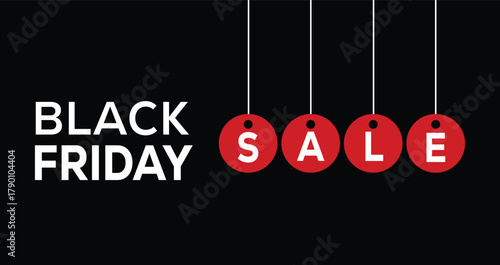 Black Friday Sale banner. High-contrast graphic featuring white "BLACK FRIDAY" text alongside the word "SALE" spelled out in individual white letters on four hanging red price tags. Dark black backgro