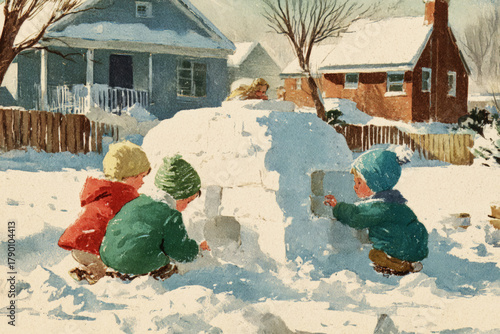 Children in colorful jackets create an igloo from fresh snow in a winter wonderland. Houses are visible in the background, with a bright sunny sky enhancing the festive atmosphere