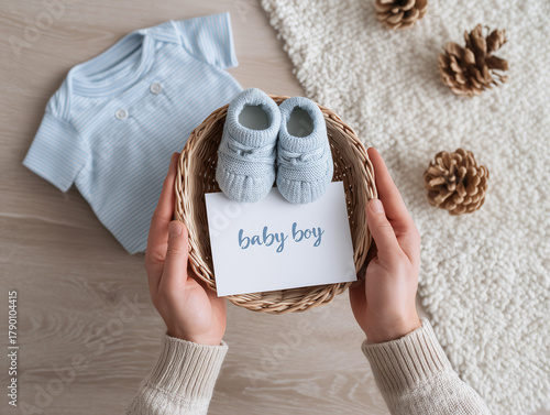 A pair of blue baby shoes, and a light blue onesie are arranged in a basket. A hand holds a card that reads 'baby boy'.