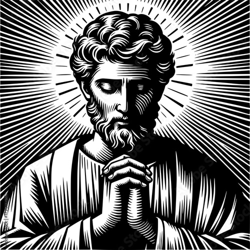 Prayer of Reflection: A reverent figure with serene expression and a gentle demeanor. Hands clasped, he emanates a sense of piety, set against an ethereal glow of light