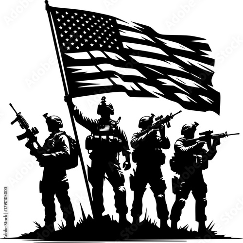 Guardians of Valor: A silhouette of soldiers, their figures etched against the backdrop of the star-spangled banner, epitomizing bravery and resolve, embodying the spirit of patriotism.