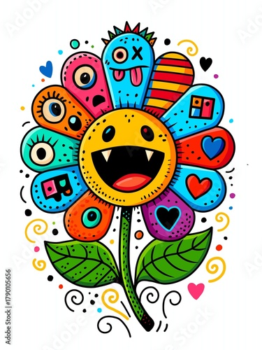 A vibrant, colorful doodle-style illustration of a playful monster flower with a wide, toothy grin, surrounded by petals featuring different whimsical faces and hearts.