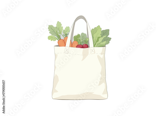 A reusable canvas tote bag thoughtfully filled with a colorful array of fresh, organic vegetables, promoting healthy eating and sustainable grocery shopping practices