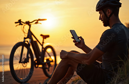 Wallpaper Mural Man with e-bike enjoys sunset on beach. Person checks smartphone. Male cyclist wears helmet resting after cycling. Active lifestyle concept outdoors. Dusk scenery horizon Torontodigital.ca
