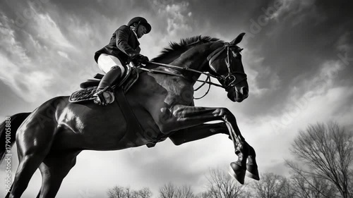A skilled equestrian rider and their magnificent horse are captured in a dramatic moment of power and grace against a cloudy sky.