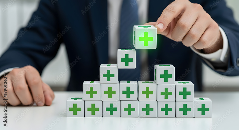 Naklejka premium Building a healthy future with medical symbol blocks