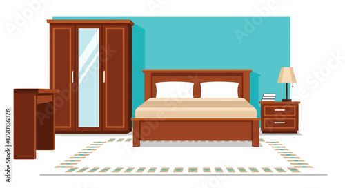 Photos Simple bedroom interior design featuring a wooden bed wardrobe and nightstand