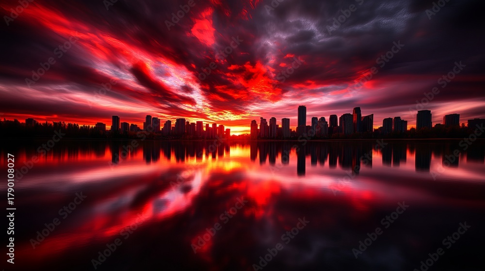 Fototapeta premium City skyline reflects vividly on the water's surface under a dramatic red and dark clouded sky at dusk.