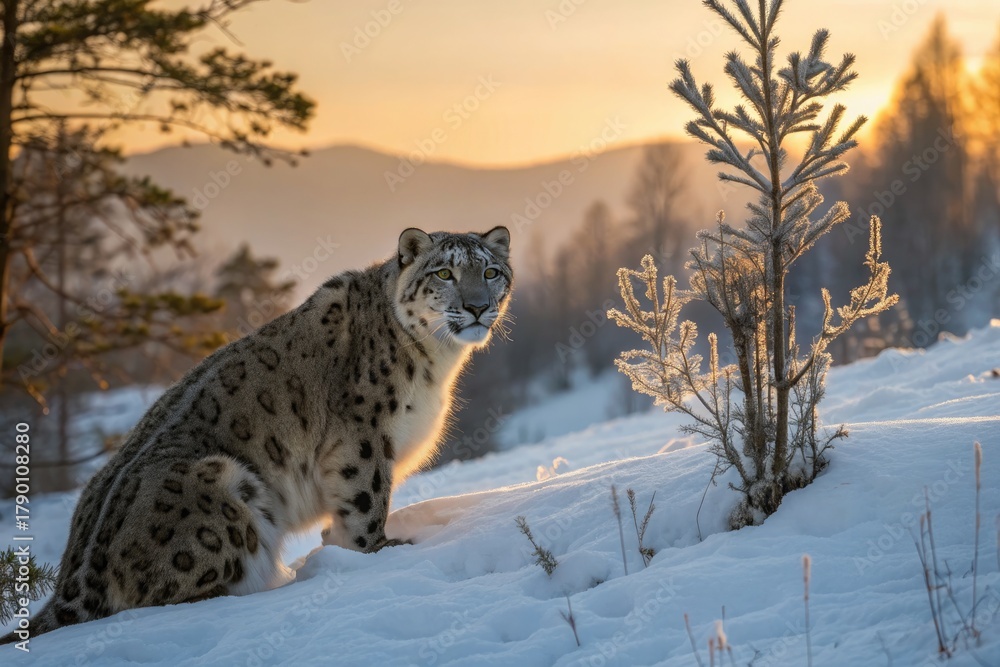 Obraz premium Snow Leopard Resting on Snowy Terrain at Sunset in Winter Landscape