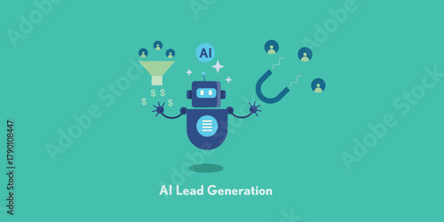 AI lead generation, robot attracts prospects and drives revenue through data optimized sales funnel. 