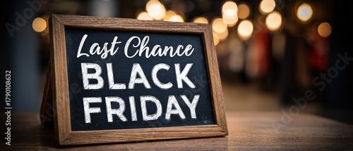 Last Chance Black Friday Sale Sign on Wooden Table with Bokeh Lights Background for Retail Shopping Season Promotion