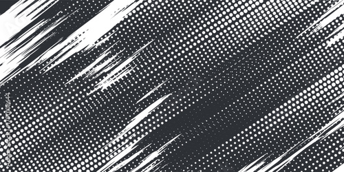 Grunge halftone gradient background. Faded grit noise texture. White and black sand wallpaper. Retro pixelated backdrop. Anime or manga style comic overlay. Vector graphic design textured template